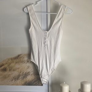 Free People Intimately - White Ribbed Tank Bodysuit with Buttons